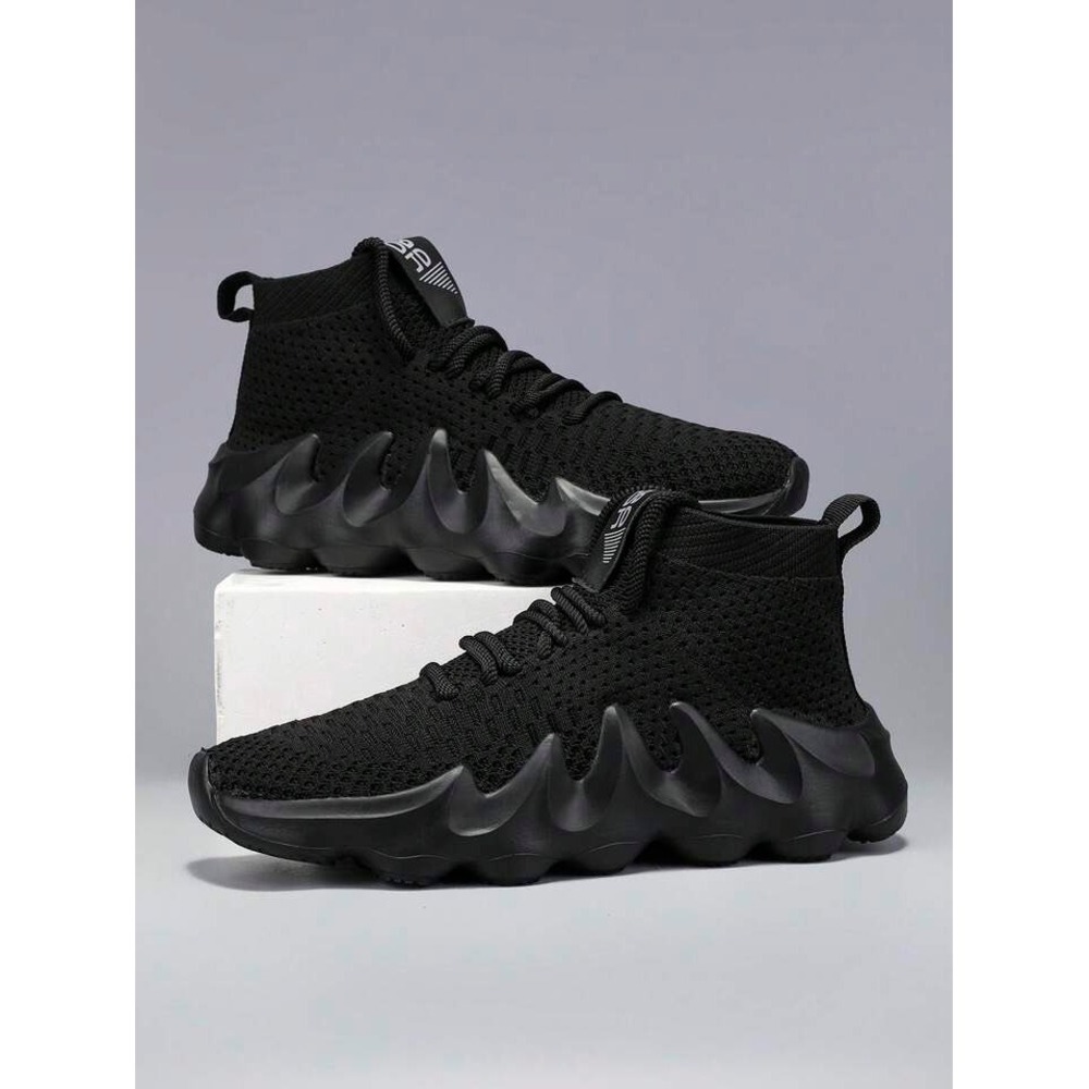 Mens Knit Sock Sneakers Black Chunky Wavy Sole Athletic Trainers Shoes